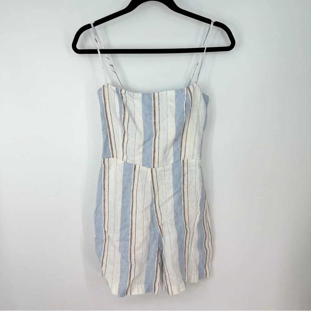 Reformation Pinstripes Spaghetti Strap Zip Up Linen Beachy Romper
